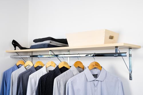 Custom Cut-to-Size Premium Wall-Mounted Shelf with Rod and Bracket Kit. 3/4" Thick Shelves, 14 inches deep. Customize the Length from 16" up to 72". - color: Maple - Chrome, size: 44 - 72