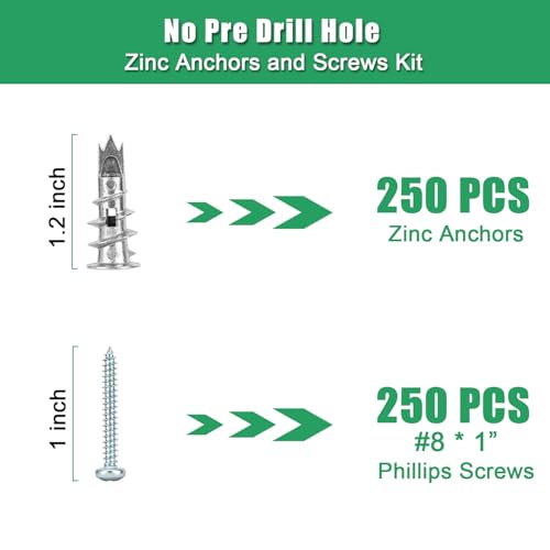 500PCS Zinc Self-Drilling Drywall Anchors with Screws Kit, 250pcs Heavy Duty Metal Wall Anchors and 250pcs #8 x 1'' Screws
