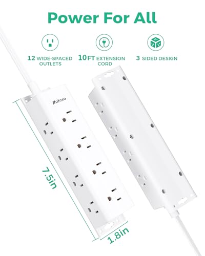 Surge Protector Power Strip, 12 Widely Spaced Multi Outlets on 3 Sides - color: White, size: 10 FT