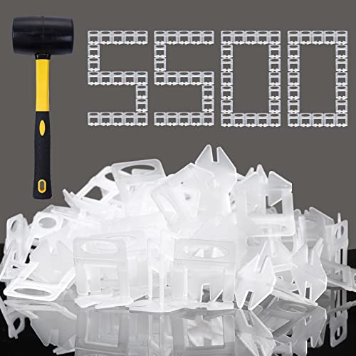 Tile Leveling System 1/16 Inch Spacers Tile Leveler Clips 5500 Pcs and 16 oz Rubber Mallet Hammer .Tile Tools Set for Professional Ceramic and Stone Installation