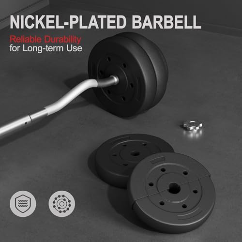 Yaheetech Curl Bar with Weights Adjustable W-Shaped Barbell Home Gym Set | Knurled iron bar with concrete-filled hdpe plates, star locks adjust weight for compact, gym-free strength training at home - size: 66 lbs
