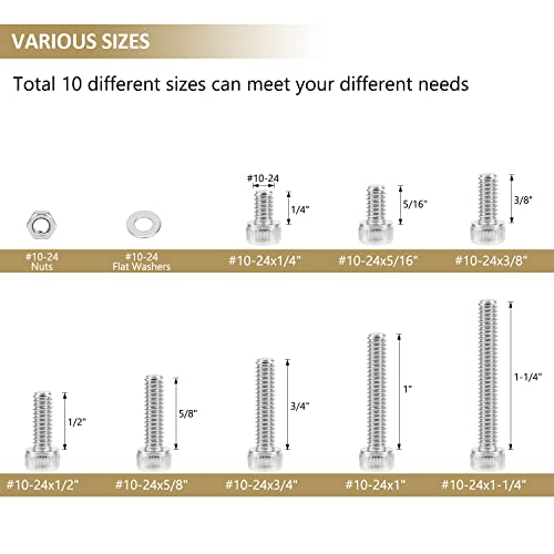 142 Pieces #10-24 x 1/4", 5/16", 3/8", 1/2", 5/8", 3/4", 1", 1-1/4", Hex Socket Head Cap Screws Nuts Washers Assortment Kit, 304 Stainless Steel, Fully Machine Thread - size: #10-24, style: Socket Head