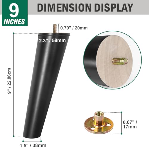 FoDau770 Rubber Wood Legs 9", Slant Taper, 5/16"-18 Thread, Black, 4pcs | Wood Couch legs - Mid Century Sofa Legs - Furniture legs Replacement for Cabinet Dresser Chair Ottoman - color: Black, size: 9 Inch - Slanted (80°)