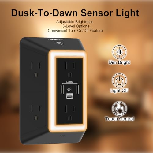 Multi Plug Wall Outlet Night Light, POWRUI 6 Outlet Extender & 3 USB Ports - color: Black(6Outlets/Night Light), size: 2U1C