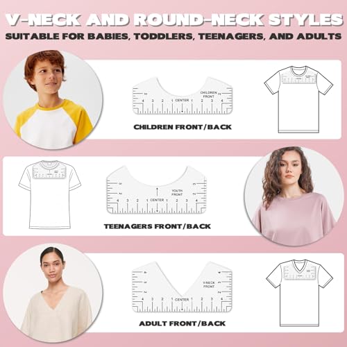 Tshirt Ruler Guide Vinyl Alignment, Transparent V-Neck/Round PVC Ruler for Alignment, Designs Pocket Logo, Fit for Heat Press, Alignment, Children Youth Adult, Front and Back Measurement
