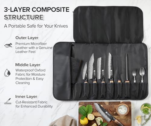 XINZUO 9-Slot Leather Chef Knife Roll Bag with Strap - color: All-black microfiber knife roll