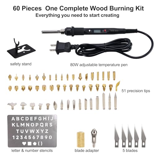 Professional Wood Burning Kit, 60 Pcs Adjustable Temperature Wood Burning Pen Set - Ultimate DIY Wood Burning Tool in Premium Metal Case, Ideal Gift for Pyrography, Wood, Leather, Carving, Soldering