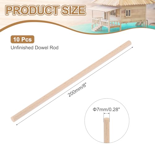 MECCANIXITY Wooden Dowel Rods,(7mm) 1/4 x 8 Inch Round Wooden Rod Unfinished Solid Wood Sticks Crafts Wand for Arts Decoration, Craft and DIY Projects Wand,Pack of 10 - size: (7mm)1/4 x 8 Inch