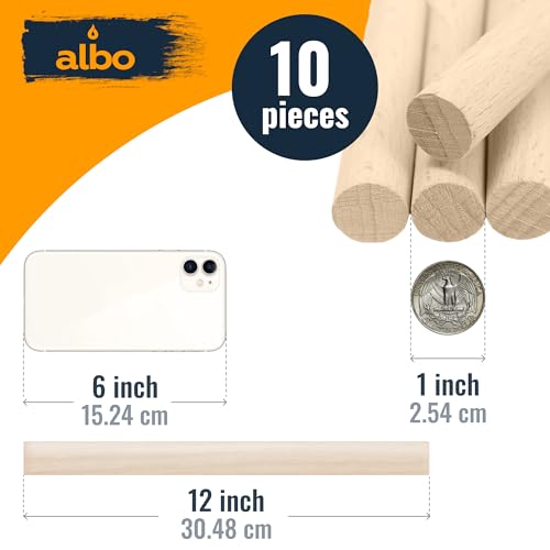 ALBO 1" x 12" Wooden Dowel Rods Set - 10 Pack Birch Natural Sturdy Hardwood Craft Sticks Woodworking Furniture Shelving Smooth Finish Versatile Size DIY Projects Bulk Professional Pack - size: 1" x 12" 10 Pcs