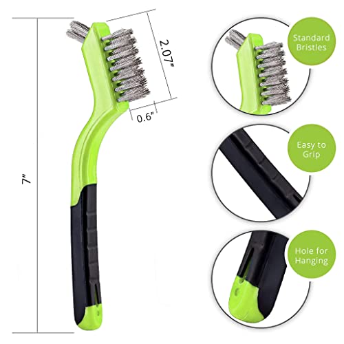 Lavaxon Wire Brush Set 3Pcs - Nylon/Brass/Stainless Steel Bristles with Curved Handle Grip for Rust, Dirt & Paint Scrubbing with Deep Cleaning – 7 Inches (Green) - color: Green