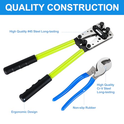Battery Cable Lug Crimping Tool with 60pcs Copper battery terminal connectors,60pcs Dual Wall Adhesive Heat Shrink Tubing,Wire Crimper Tool for AWG 10-1/0 battery Cable Ends Crimper with Cable Cutter - color: 2 Tools With 120 Accessories
