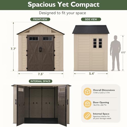 Aoxun 8x6 Ft Outdoor Storage Shed with Floor, Large Resin Outdoor Shed with Lockable Door & Windows, Garden HDPE Sheds for Lawn Tools, Pool Supplies & Bikes - size: 8x6