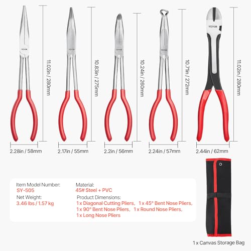 VEVOR 5-Piece Needle Nose Pliers, 11 in Long Needle Nose Pliers Set, Diagonal Cutting Pliers, 45°/ 90° Bent Nose Plier, Round Nose Plier, Long Nose Plier, Professional Pliers Set with Storage Bag - size: 11inch, style: 5pcs