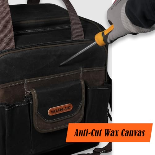WELKINLAND 54Pockets Electrician Tool Bag, Waterproof Hard Bottom Tool Bag | Wax-Canvas Heavy Duty Tool Bags, 50L Tool Bag Hvac Technician, Work Tool Bag For Men, Technician Tool Bags, Plumber Tools Bag