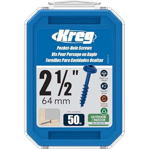 Kreg Blue-Kote Pocket-Hole Screws, SML-C250B-50, 50 Count, 2-1/2 Inch