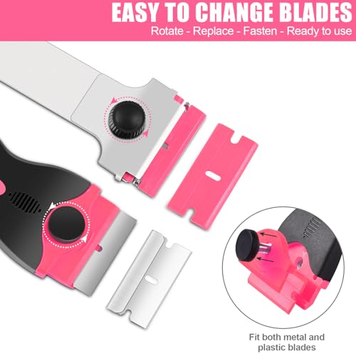 NECAMOCU 4 Pack Razor Blade Scraper, Includes 50 PCS Metal & Plastic Blades - color: Pink