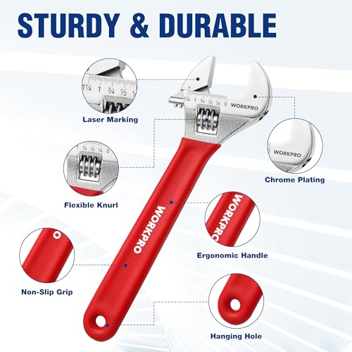 WORKPRO 4-Piece Red Wide Jaw Adjustable Wrench Set, 6"-12", Chrome Plated - color: Red