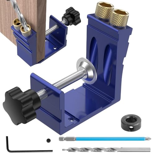 Pocket Hole Jig Kit Adjustable 15 Degree Angle Drill Guide with Clamp and Screws for Woodworking(Blue)