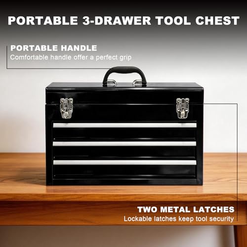 3 Drawer 20“ Metal Tool Box Portable Steel Tool Chest with Metal Latch Closure for Garage, Home and Workbench,Black - size: 20Inch-BLACK