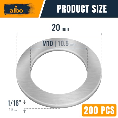 ALBO 200 Pcs M10 x 20 mm 304 Stainless Steel Fender Flat Washers - size: М10 х 20мм - 200 pcs