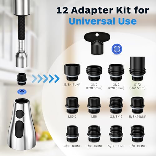 Kitchen Faucet Head Replacement 3 Modes with 12 Adapters, Pull Down Spray Head for Kitchen Faucet, Kitchen Sink Faucet Head G 1/2, Sprayer Head Replacement, Chrome - color: Chrome with 17 Adapters