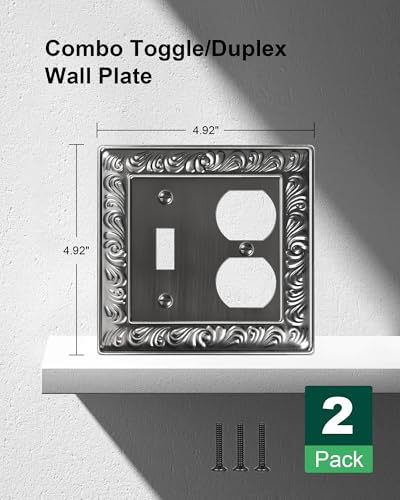 2-Pack Paisley Pattern Metal Combo Toggle/Duplex Light Switch Cover Plate | Decorative Wall Outlet Cover Plate, 2 Gang Metal Wall Plates for Electrical Outlets, Light Switch, Antique Silver - color: Antique Silver, size: 1 Toggle/1 Duplex 2PK