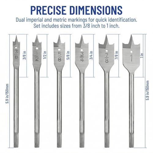 6PCS Spade Drill Bit Set, 3/8" to 1" Paddle Flat Bits Set, Wood Drill Bits with Quick Change Hex Shank, Wood Hole Cutter for Woodworking