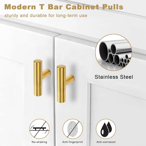 Estmoon 30 Pack Brushed Brass Cabinet Knobs Gold Drawer Pulls Stainless Steel Brushed Gold Dresser Knobs for Cabinets Cupboard Bathroom Kitchen Hardware, Single Hole T Bar Pulls, 2in Overall Length - color: Brushed Brass