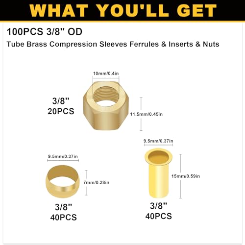 Siptenk 100PCS 3/8" Brass Compression Sleeves Ferrules & Inserts & Nuts - color: 100PCS 3/8" Fittings Sleeves Ferrules Inserts Nuts
