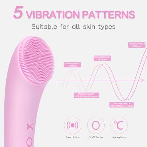 PRITECH Facial Cleansing Brush, Rechargeable Silicone Face Scrubber with Heat Massage End, Vibrating Exfoliator Scrubber for Deep Cleaning, Waterproof Face Brush for Women and Men (Pink) - color: Pink