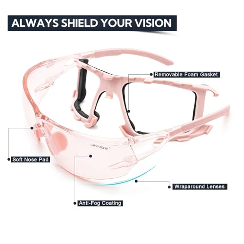 UKNOW Safety Glasses - Anti Fog Wraparound Lenses - Removable Foam Gasket - ANSI Z87.1 Protective Eyewear - Impact Resistant - color: Melon Pink With Light Tint