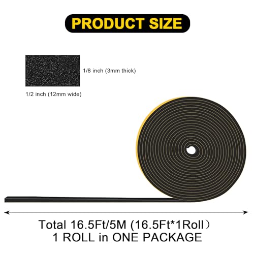 Thin Foam Seal Strip for Window & Small Gaps, Block Draft, 1/2x1/8in - color: Black, size: 1/2 In x 1/8 In x 16.5Ft