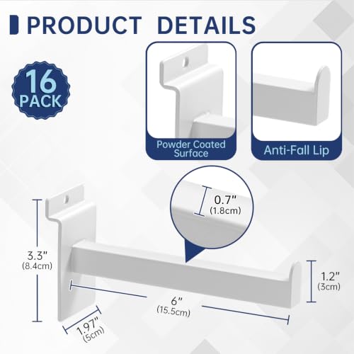 16 Pack Heavy Duty Tube Slatwall Shelf Brackets, Metal Tubular Slat Wall Brackets with Lip, Slatwall Accessories for Garage, Retail, and Home Storage - size: 6 Inch, style: White