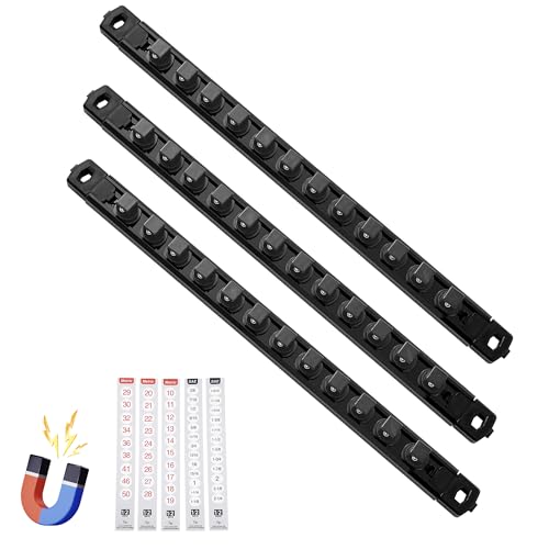 Reniteco Magnetic Socket Organizer, 3-Piece 1/2-Inch Drive ABS Sockets Rail, Heavy Duty Sockets Holder, Socket Rack Kit 1/2-Inch x 42 Clips - color: Black, size: 3 Pcs 1/2" DR