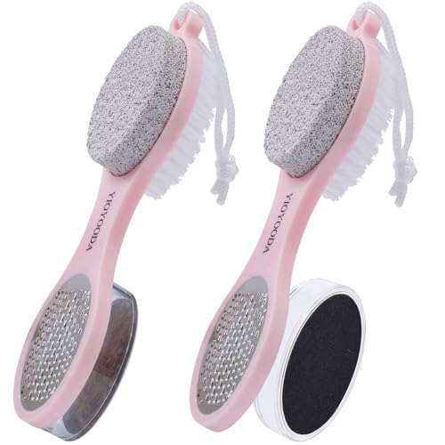 Foot File Callus Remover 5-in-1, 2 Pcs Feet Scraper Pedicure Tools with Pumice Stone, Scrubber Brush, Stainless Steel Foot Rasp and Sand Paper Debris Catcher, Multi Purpose, Pink - color: Pink Pink