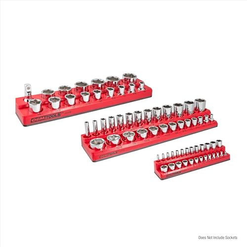 OEMTOOLS 22484 3-Pc Magnetic Socket Organizer for 68 SAE Sockets | SAE Magnetic Socket Holder, Non-Marring Rubberized Base Socket Holders, Holds 1/4, 3/8, 1/2 Inch Sizes, Clearly Marked Sizes - style: 3Pc Red