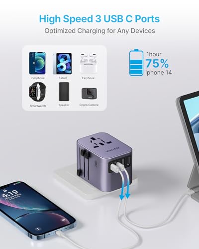 VINTAR Universal Travel Adapter 30W, 6-in-1 with 3 USB-C & 2 USB-A, Purple - color: 30W Purple
