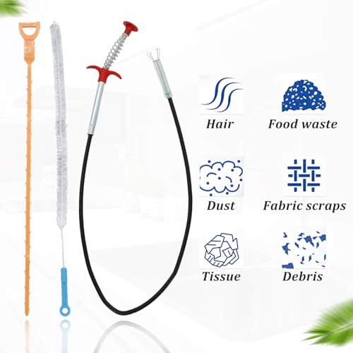 New Upgrade Snake Drain Hair Removal Tool Set, 24.2 Inch Toilet Snake, Hair Drain Clog Remover, Cleaning Brush, Use for Unclog Toilet, Sink, Bathroom Tub
