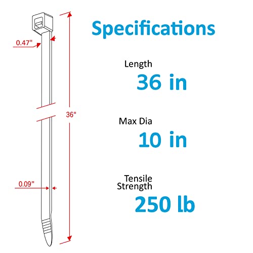 Large Zip Ties 36 inch (50 Pack), Long Zip Ties Heavy Duty with 250 lb Tensile Strength, Big Cable Ties, Black, by ANOSON - size: 36"/50 pk (250 Lb)