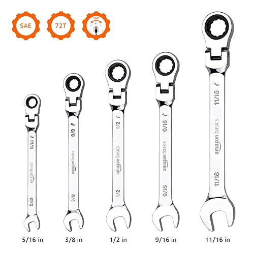 Amazon Basics 72-Tooth Ratcheting Combination Wrench Set, Chrome Vanadium Steel Flexible Head, 5-Piece SAE Sizes 5/16", 3/8", 1/2", 9/16", 11/16", Chrome Finish - style: SAE