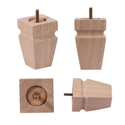 Unfinished Oak Sofa Legs - Heavy Duty Mid Century Solid Wood Replacement Furniture Legs Set of 4 for Couch, Table, Bench, Bed, Dresser, Chair - with Installation Hardware (Natural 4"H*2.75"W) - color: Plain Wood Color, size: 4"H*2.75"W