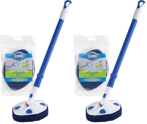 CLOROX Extendable Tub and Tile Scrubber (Pack of 2) with Extra Pad - Plastic Head, Blue, Tile Surface - size: 1 Count (Pack of 2)