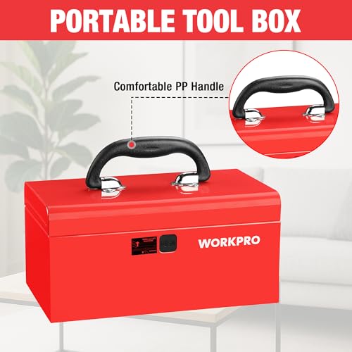 WORKPRO 10.8" Mini Metal Tool Box with Removable Tray - color: Red