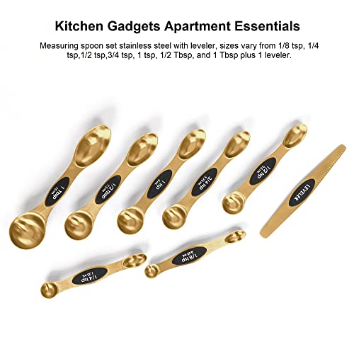 Magnetic Measuring Spoons Set Stainless Steel with Leveler, Stackable Metal Tablespoon Measure Spoon for Baking, Measuring Cups and Spoon Set Kitchen Gadgets Apartment Essentials Fits in Spice Jars - color: Gold