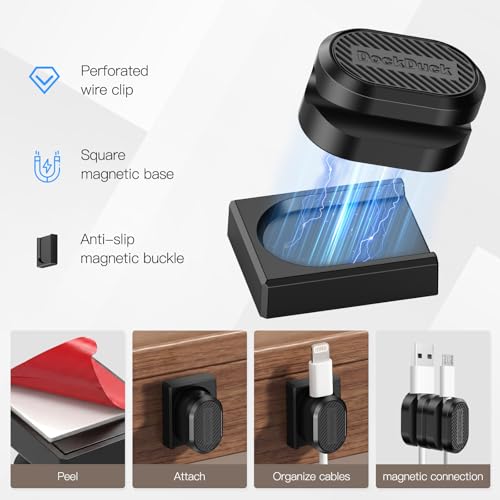 6-Pack Magnetic Cable Clips with Detachable Magnetic Base, Auto Dock Cable Organizer, Self-Adhesive Cord Holder for Round & Flat Cables, One-Hand Cable Management for Desk, Car, Office - size: 6 Pack
