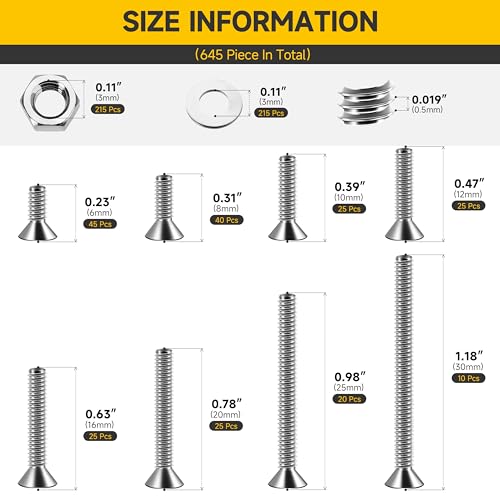 Mywish 645Pcs Metric M3 Screws Assortment Kit, Flat Head Countersunk Socket Cap Assorted Screws Nuts and Bolts, Allen Hex Drive Stainless Steel Screws - style: 645Pcs M3 Flat Head