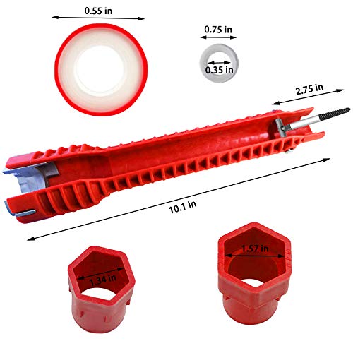 8-in-1 Faucet & Sink Installer Wrench - Red, Plastic, Ratchet, Plumbing Tool - Includes 2 Replaceable Heads (34mm & 40mm), 40 Washer Gaskets, 2 Thread Seal Tape - Plumbing Wrench