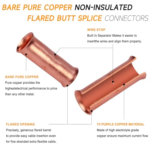 SVAAR 0000 Gauge Flared Barrel Butt Splice Connectors Kit 6PCS 4/0 AWG Non-Insulated Butt Connectors Bare Pure Copper Flared Compression Butt Splices Crimp Butt Terminals+6 PCS Heat Shrinks - color: Bare Copper