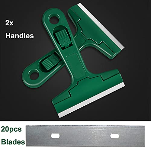 2pack 5.5 inches Industry Glass Scraper Scraping Hand Tool, T Shape Razor Blade Scraper with 20x Blades, Steel Scraping Knife for Window Stove Windshield Aquarium Tile Floor Wall Cleaning (Green) - color: Green