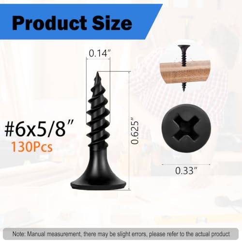130Pcs Self-Tapping Black Wood Screws with Driver Bit, #6 x 5/8" - size: #6x5/8"